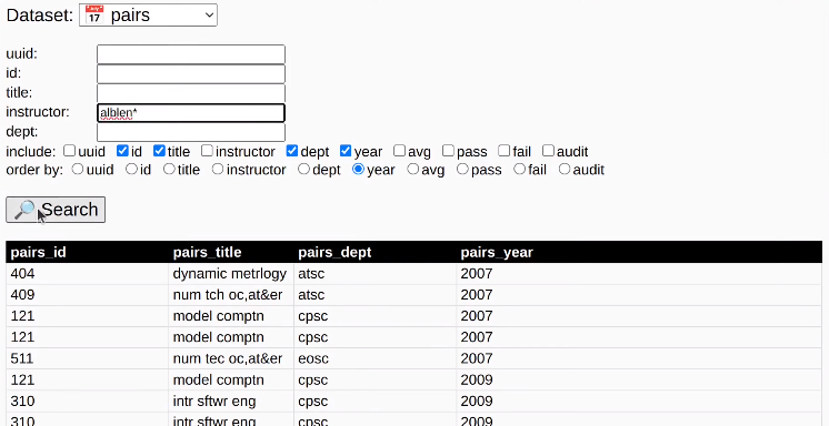 a query on one of the datasets for classes taught by an instructor, sorted by year